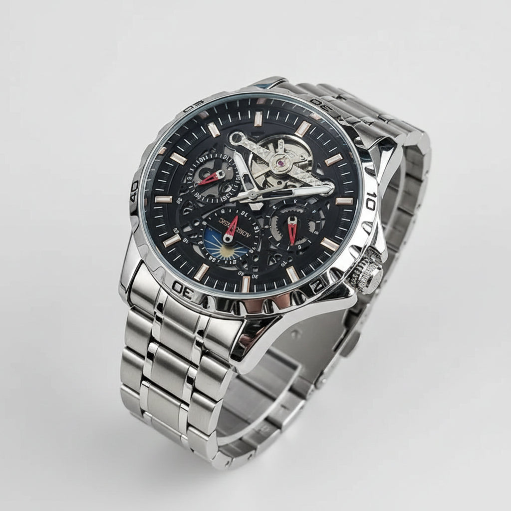 Montre mécanique de luxe AOKULASIC pour homme avec cadran creux bleu, bracelet en acier doré et argenté, affichage lumineux .Tout Promesse