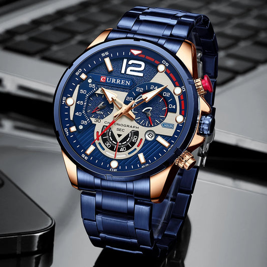 Montre de sport CURREN pour homme en acier inoxydable argenté avec cadran bleu et fonction chronographe, style luxe et décontracté-Tout Promesse