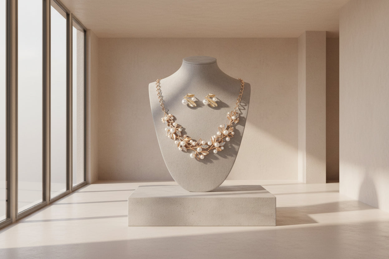 Parure de Mariage "Perles de Rosée" - Collier & Boucles d'oreilles