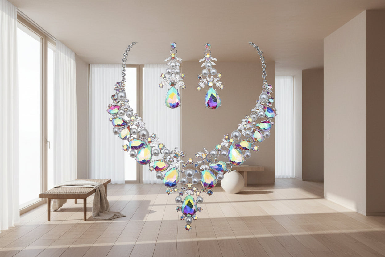 Parure "Éclat Impérial" - Collier & Boucles d'oreilles (5 Couleurs)-Ensemble Bijoux Mariage et Banquet - Cristaux de Luxe