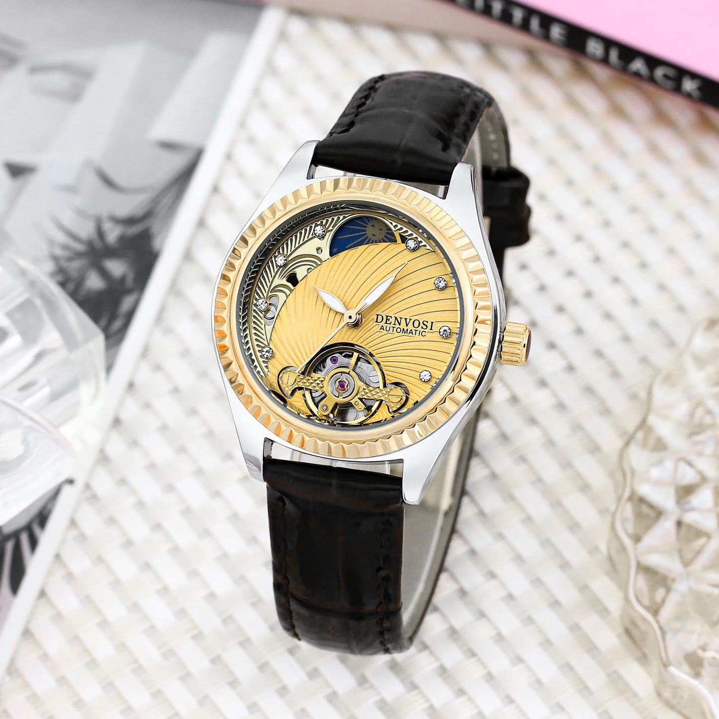 Montre Automatique Luxe DENVOSI pour Femme - Cadran Squelette et Bracelet Cuir