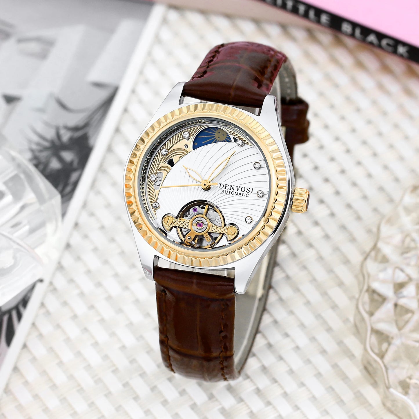 Montre Automatique Luxe DENVOSI pour Femme - Cadran Squelette et Bracelet Cuir