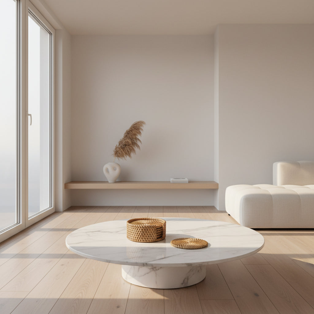 Dessous de verre ronds en bambou naturel tressé à la main Zerolife posés sur une table à manger en bois avec une tasse de café - Style moderne et écoresponsable.