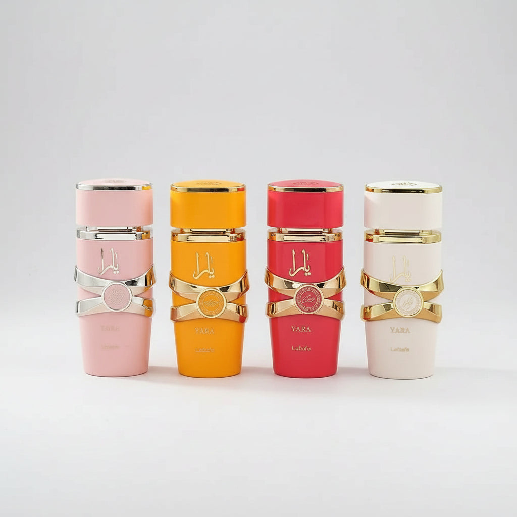 Flacon de parfum Yara 100ml disponible en rose, blanc et or, une fragrance orientale luxueuse pour homme et femme.