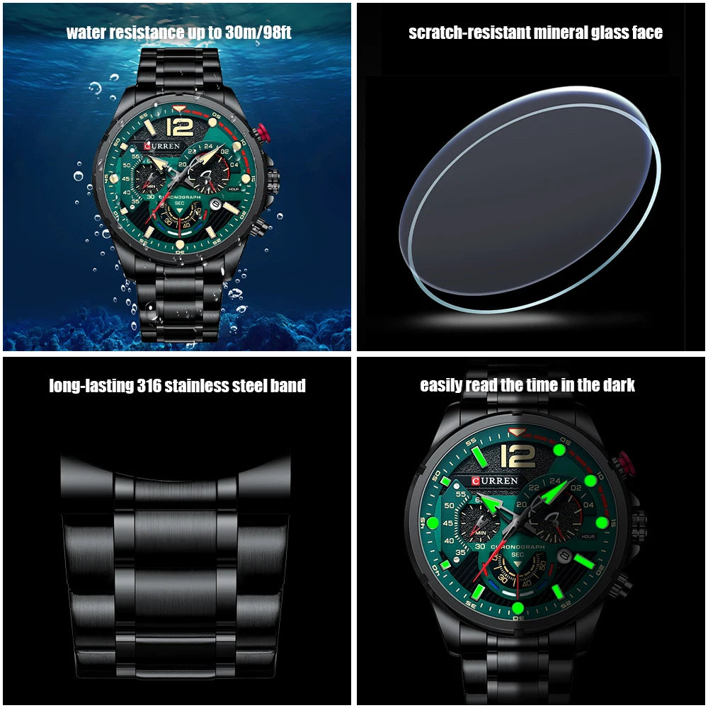 ''CURREN'' Homme Montre Chronographe en Acier Inoxydable 316 Adulte avec Affichage Lumineux