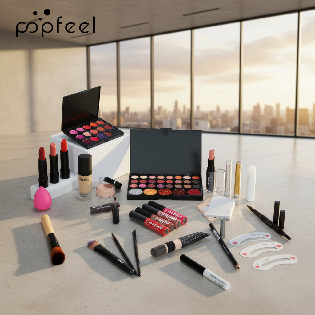 Mallette de maquillage complète POPFEEL avec palette d'ombres à paupières nude, fond de teint, base de teint, pinceaux et gloss pour femmes et adolescentes - Collection TOUT PROMESSE.