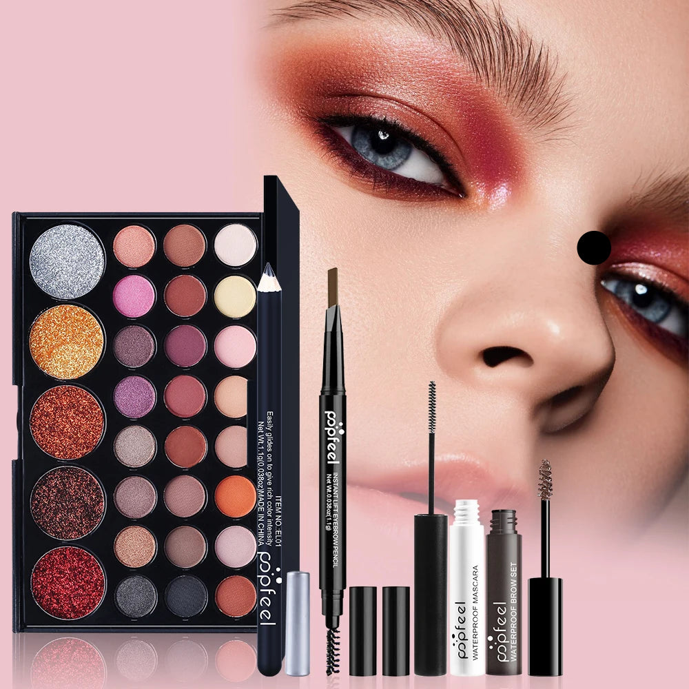 Mallette de maquillage complète POPFEEL avec palette d'ombres à paupières nude, fond de teint, base de teint, pinceaux et gloss pour femmes et adolescentes - Collection TOUT PROMESSE.