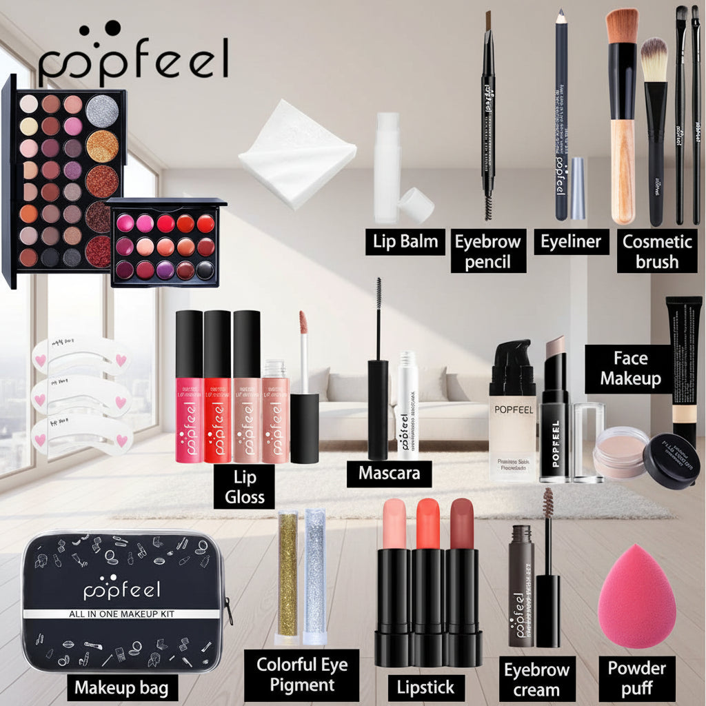 Mallette de maquillage complète POPFEEL avec palette d'ombres à paupières nude, fond de teint, base de teint, pinceaux et gloss pour femmes et adolescentes - Collection TOUT PROMESSE
