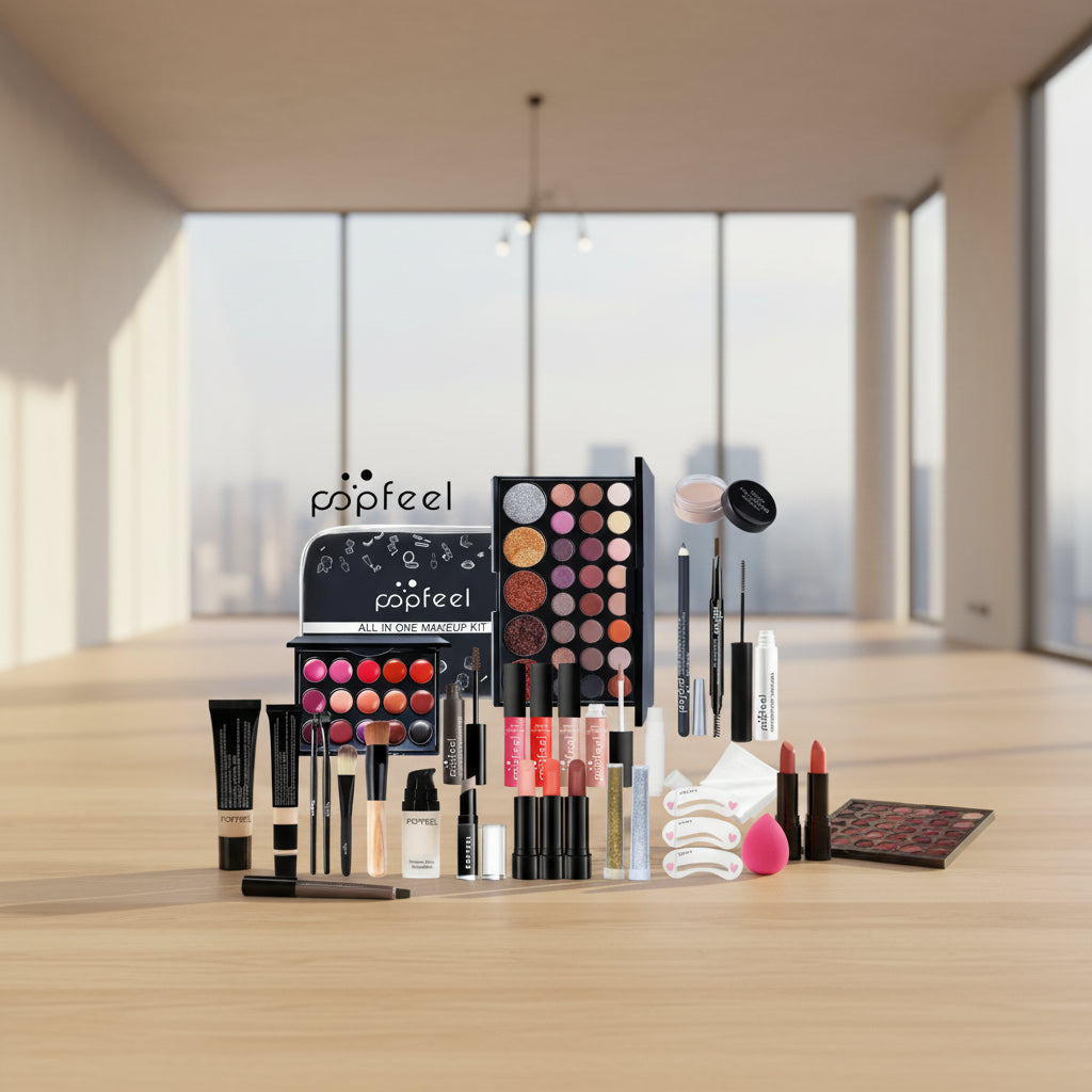 Mallette de maquillage complète POPFEEL avec palette d'ombres à paupières nude, fond de teint, base de teint, pinceaux et gloss pour femmes et adolescentes - Collection TOUT PROMESSE