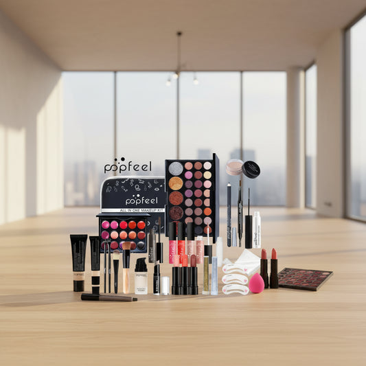 Mallette de maquillage complète POPFEEL avec palette d'ombres à paupières nude, fond de teint, base de teint, pinceaux et gloss pour femmes et adolescentes - Collection TOUT PROMESSE