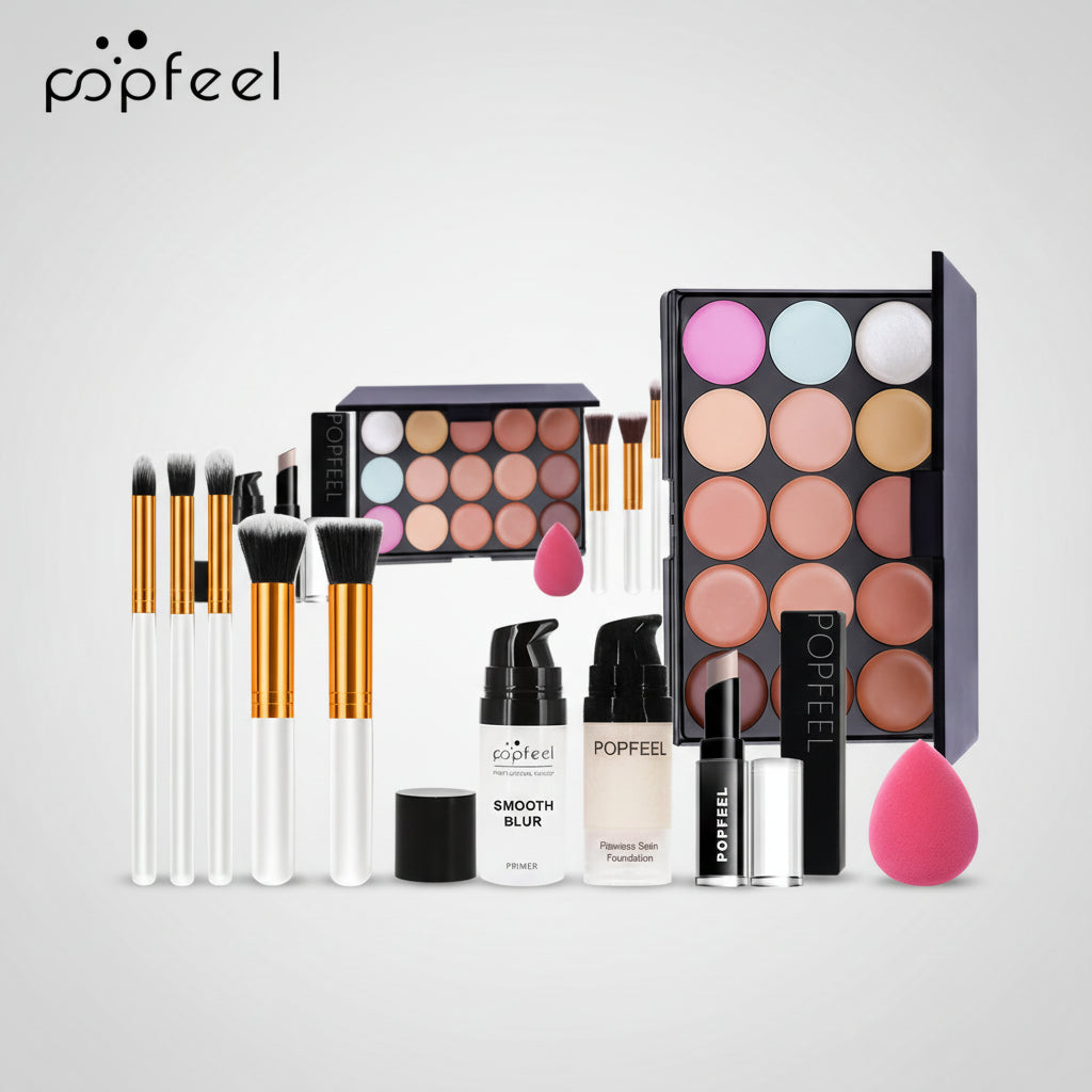 Set de maquillage complet pour le visage POPFEEL comprenant un correcteur de teint, une base lissante, une poudre libre et un fard à joues pour un teint zéro défaut - Collection TOUT PROMESSE.