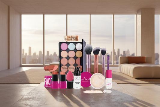 Set de maquillage complet pour le visage POPFEEL comprenant un correcteur de teint, une base lissante, une poudre libre et un fard à joues pour un teint zéro défaut - Collection TOUT PROMESSE.