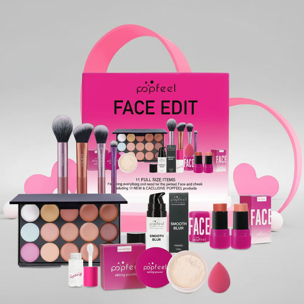 Set de maquillage complet pour le visage POPFEEL comprenant un correcteur de teint, une base lissante, une poudre libre et un fard à joues pour un teint zéro défaut - Collection TOUT PROMESSE.