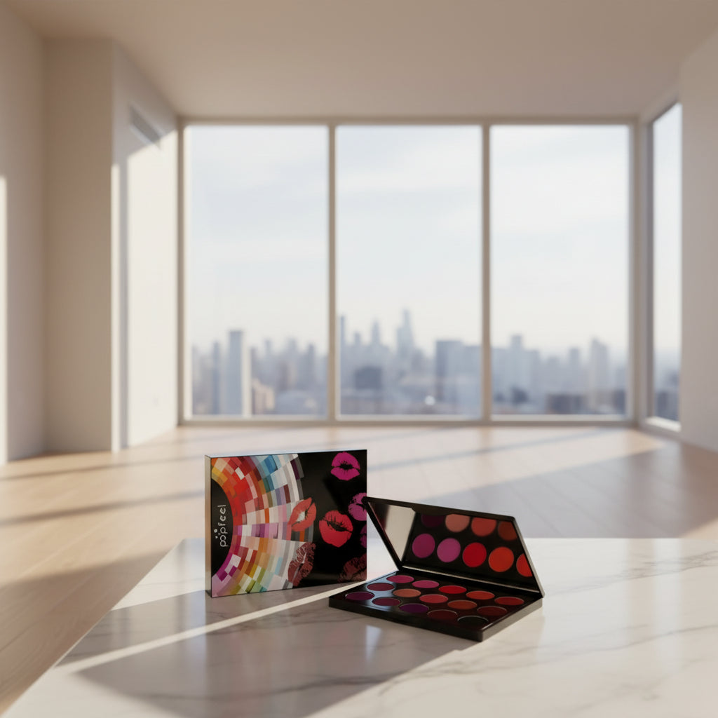 Mini palette de maquillage pour les lèvres Blana LM15 avec 15 nuances de lip gloss et rouges à lèvres mats, pailletés et satinés pour des lèvres pulpeuses - Collection TOUT PROMESSE.