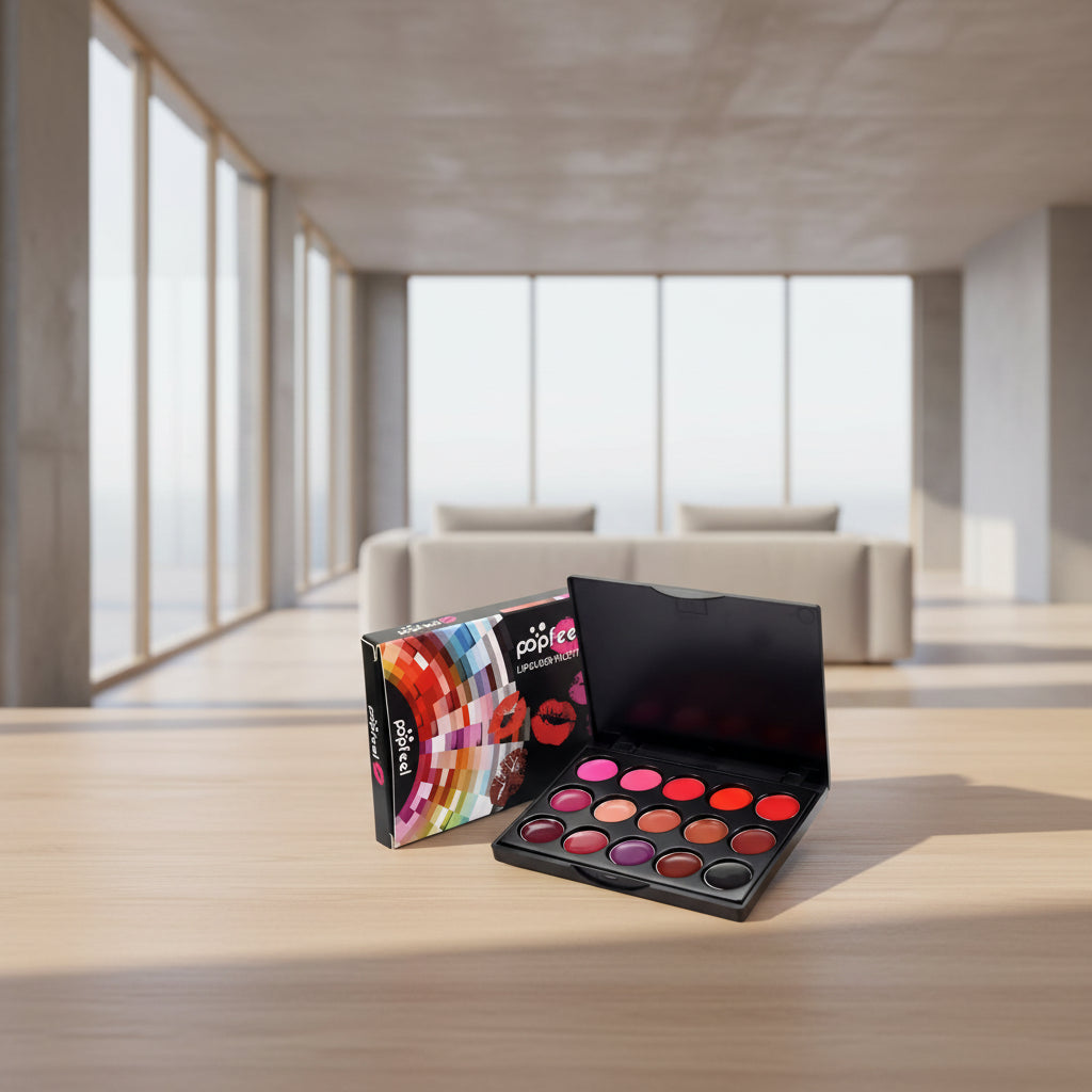 Mini palette de maquillage pour les lèvres Blana LM15 avec 15 nuances de lip gloss et rouges à lèvres mats, pailletés et satinés pour des lèvres pulpeuses - Collection TOUT PROMESSE.