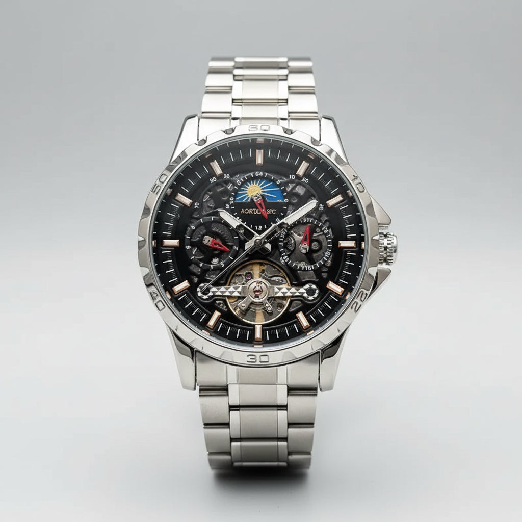 Montre mécanique de luxe AOKULASIC pour homme avec cadran creux bleu, bracelet en acier doré et argenté, affichage lumineux-TOUT PROMESSE