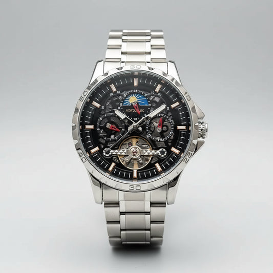 Montre mécanique de luxe AOKULASIC pour homme avec cadran creux bleu, bracelet en acier doré et argenté, affichage lumineux-TOUT PROMESSE