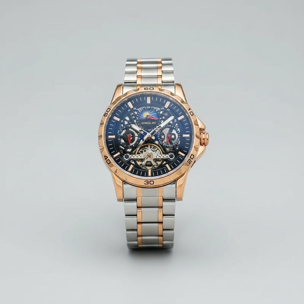 Montre mécanique de luxe AOKULASIC pour homme avec cadran creux bleu, bracelet en acier doré et argenté, affichage lumineux.