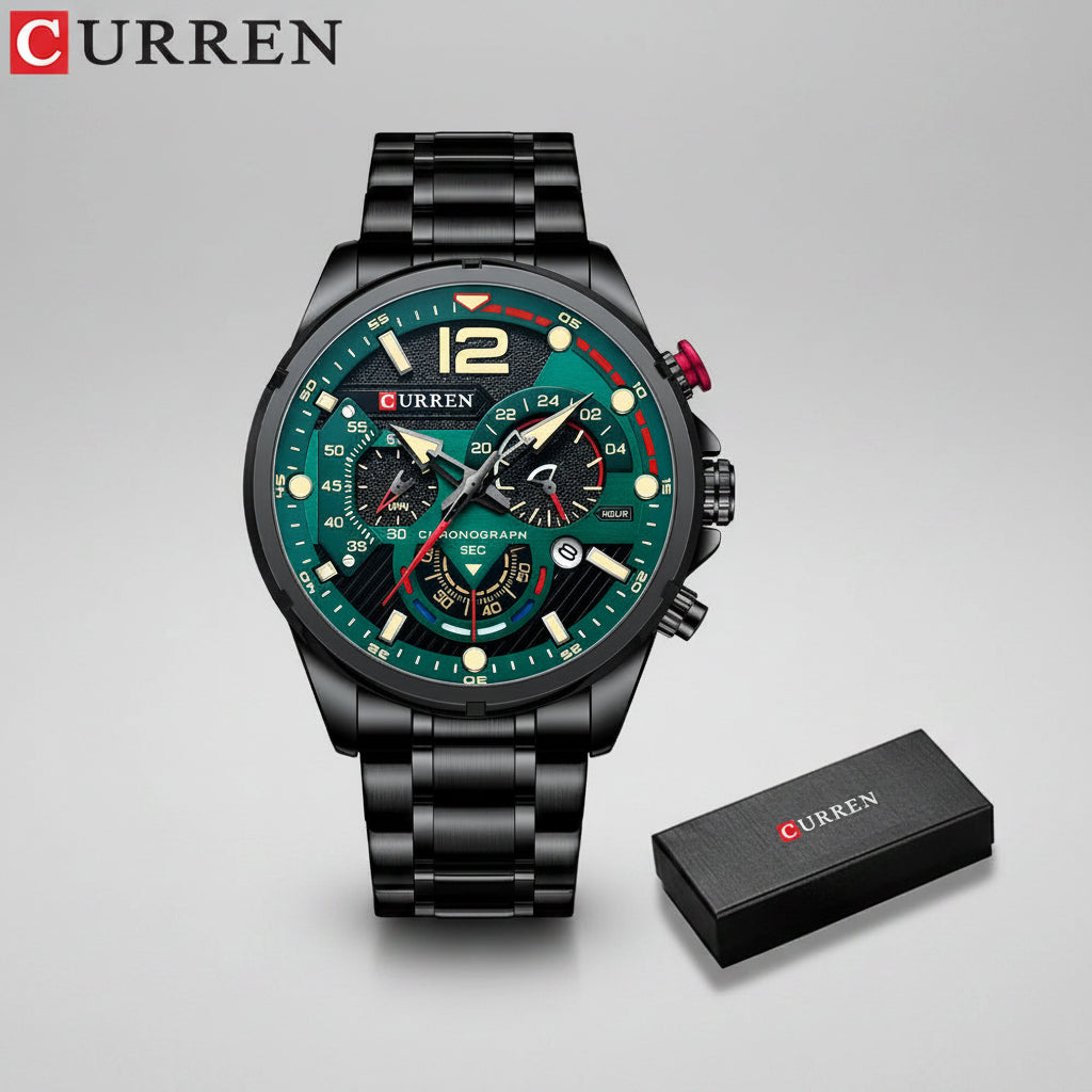 Montre de sport CURREN pour homme en acier inoxydable argenté avec cadran bleu et fonction chronographe, style luxe et décontracté-Tout Promesse