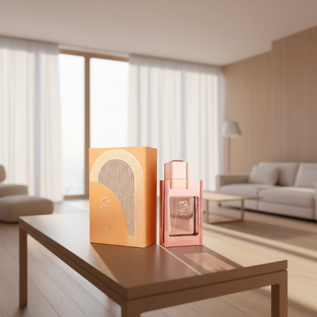 Flacon rose sophistiqué du parfum AWJ Blushing pour femme par Mamlakat Al Oud.