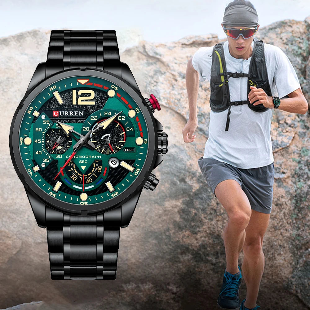 Montre de sport CURREN pour homme en acier inoxydable argenté avec cadran bleu et fonction chronographe, style luxe et décontracté-Tout Promesse