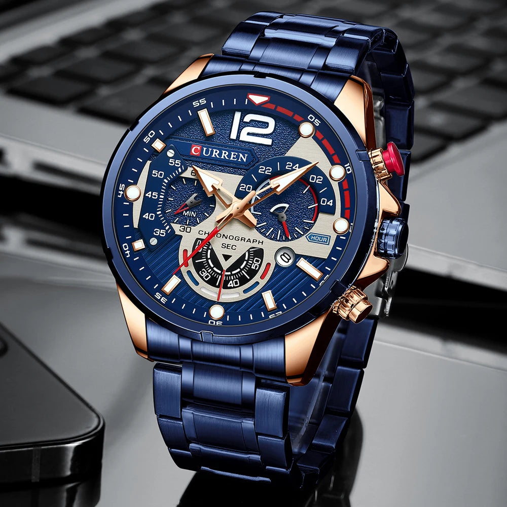 Montre de sport CURREN pour homme en acier inoxydable argenté avec cadran bleu et fonction chronographe, style luxe et décontracté-Tout Promesse