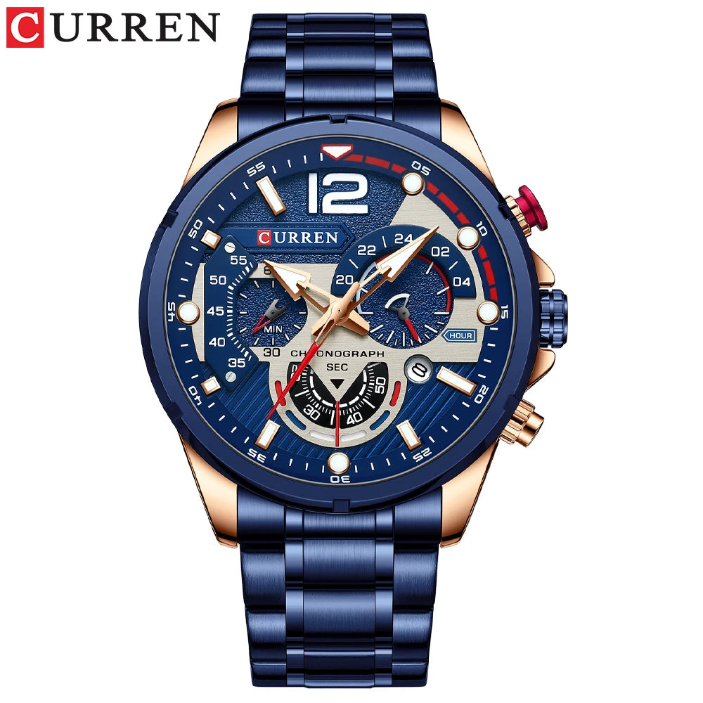 Montre de sport CURREN pour homme en acier inoxydable argenté avec cadran bleu et fonction chronographe, style luxe et décontracté-Tut Promesse
