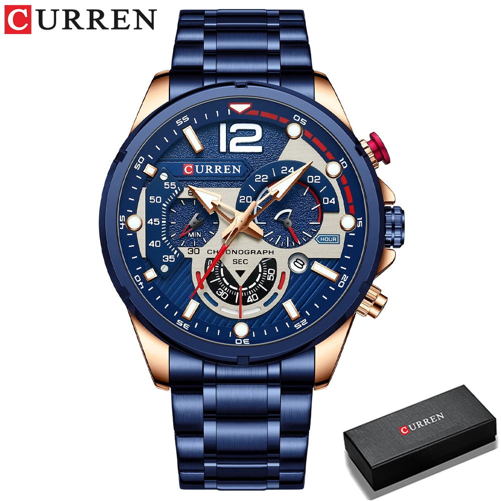 Montre de sport CURREN pour homme en acier inoxydable argenté avec cadran bleu et fonction chronographe, style luxe et décontracté-Tout Promesse
