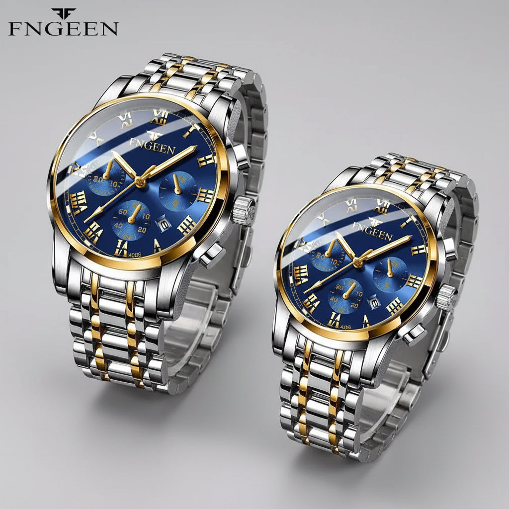Duo de montres FNGEEN de luxe pour homme et femme en acier inoxydable argenté, cadran moderne avec date automatique - Collection TOUT PROMESSE