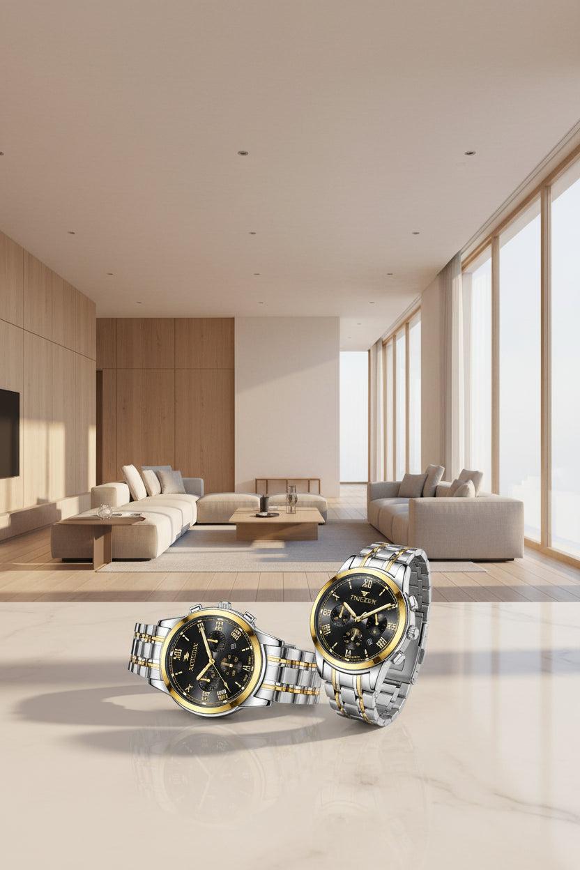 Duo de montres FNGEEN de luxe pour homme et femme en acier inoxydable argenté, cadran moderne avec date automatique - Collection TOUT PROMESSE.
