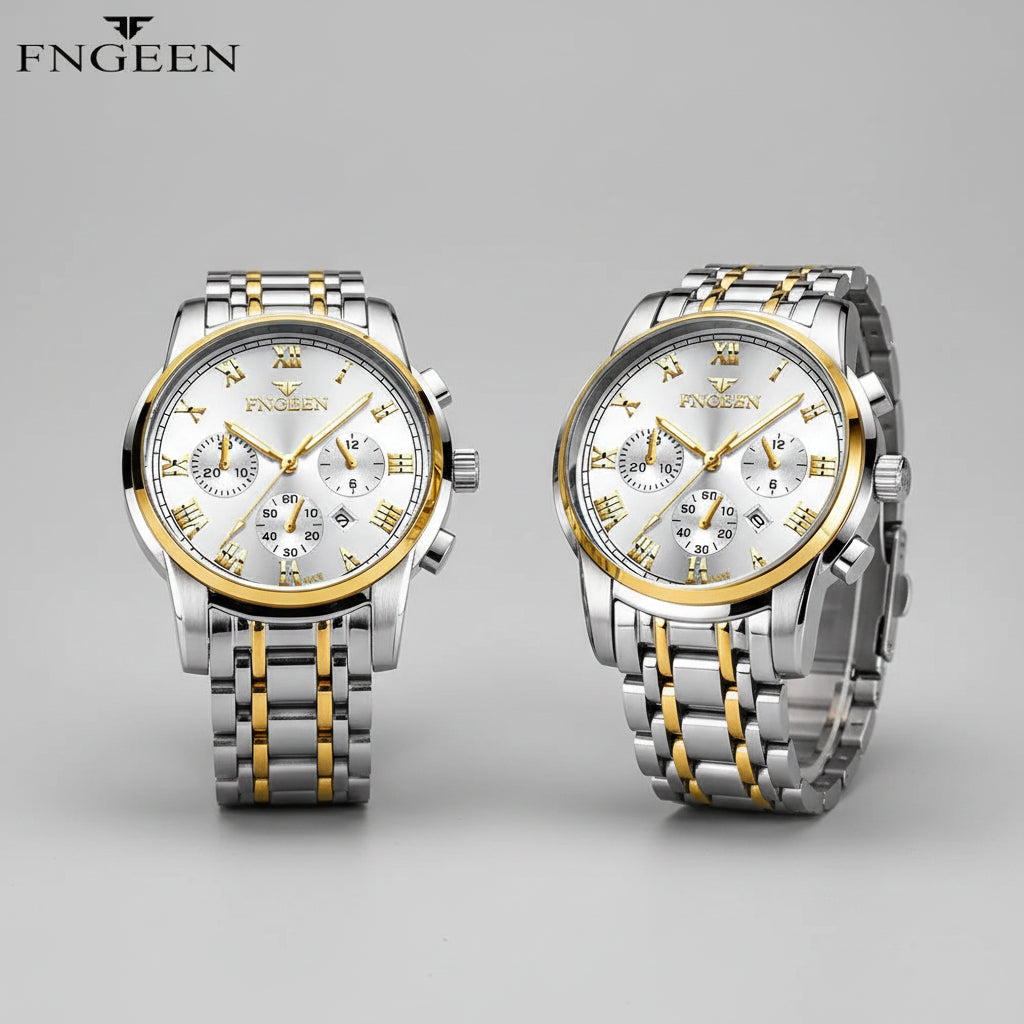 Duo de montres FNGEEN de luxe pour homme et femme en acier inoxydable argenté, cadran moderne avec date automatique - Collection TOUT PROMESSE.