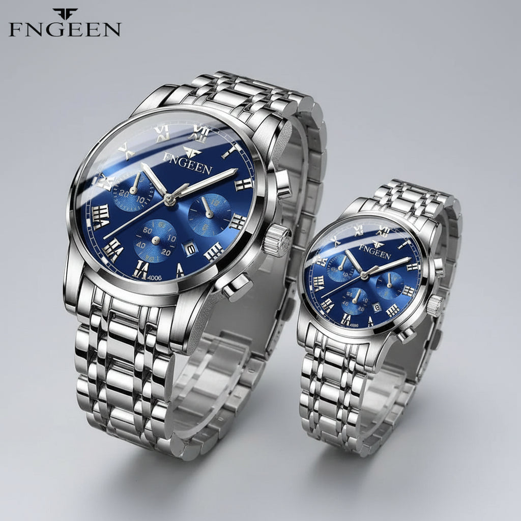 Duo de montres FNGEEN de luxe pour homme et femme en acier inoxydable argenté, cadran moderne avec date automatique - Collection TOUT PROMESSE.