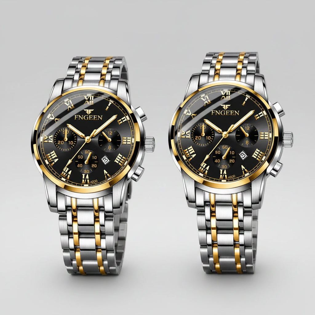 Duo de montres FNGEEN de luxe pour homme et femme en acier inoxydable argenté, cadran moderne avec date automatique - Collection TOUT PROMESSE