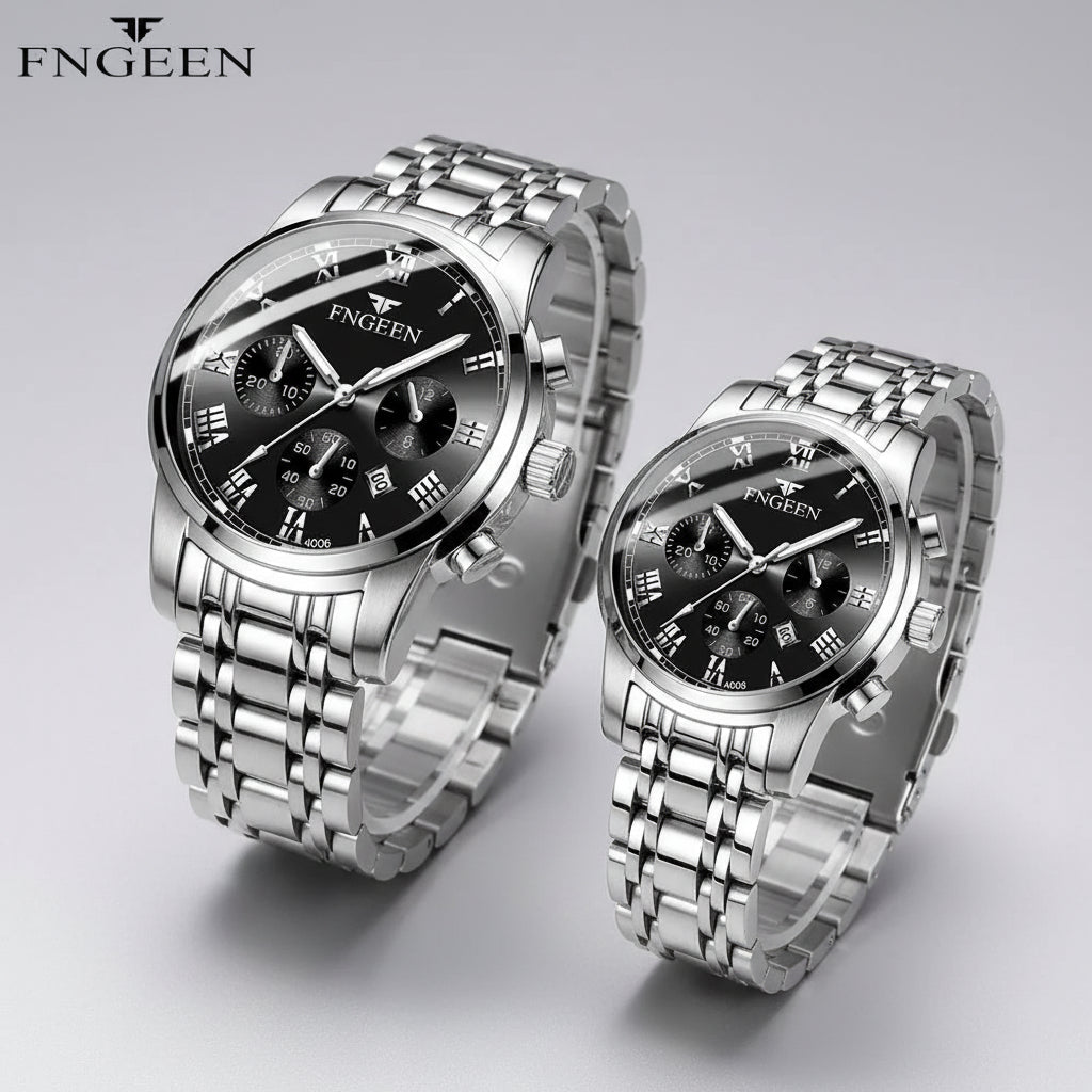 Duo de montres FNGEEN de luxe pour homme et femme en acier inoxydable argenté, cadran moderne avec date automatique - Collection TOUT PROMESSE.