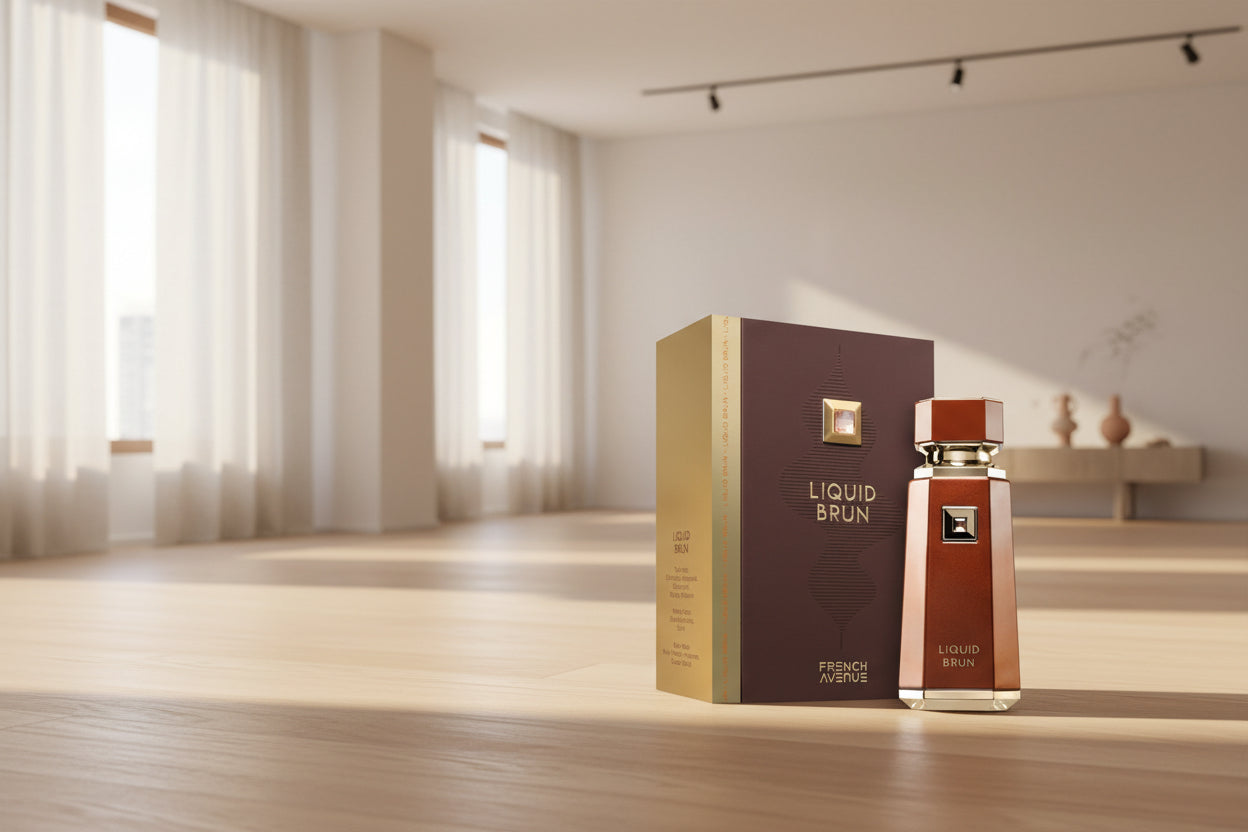 Flacon luxueux brun et doré du parfum Liquid Brun par French Avenue, parfum oriental épicé pour homme.