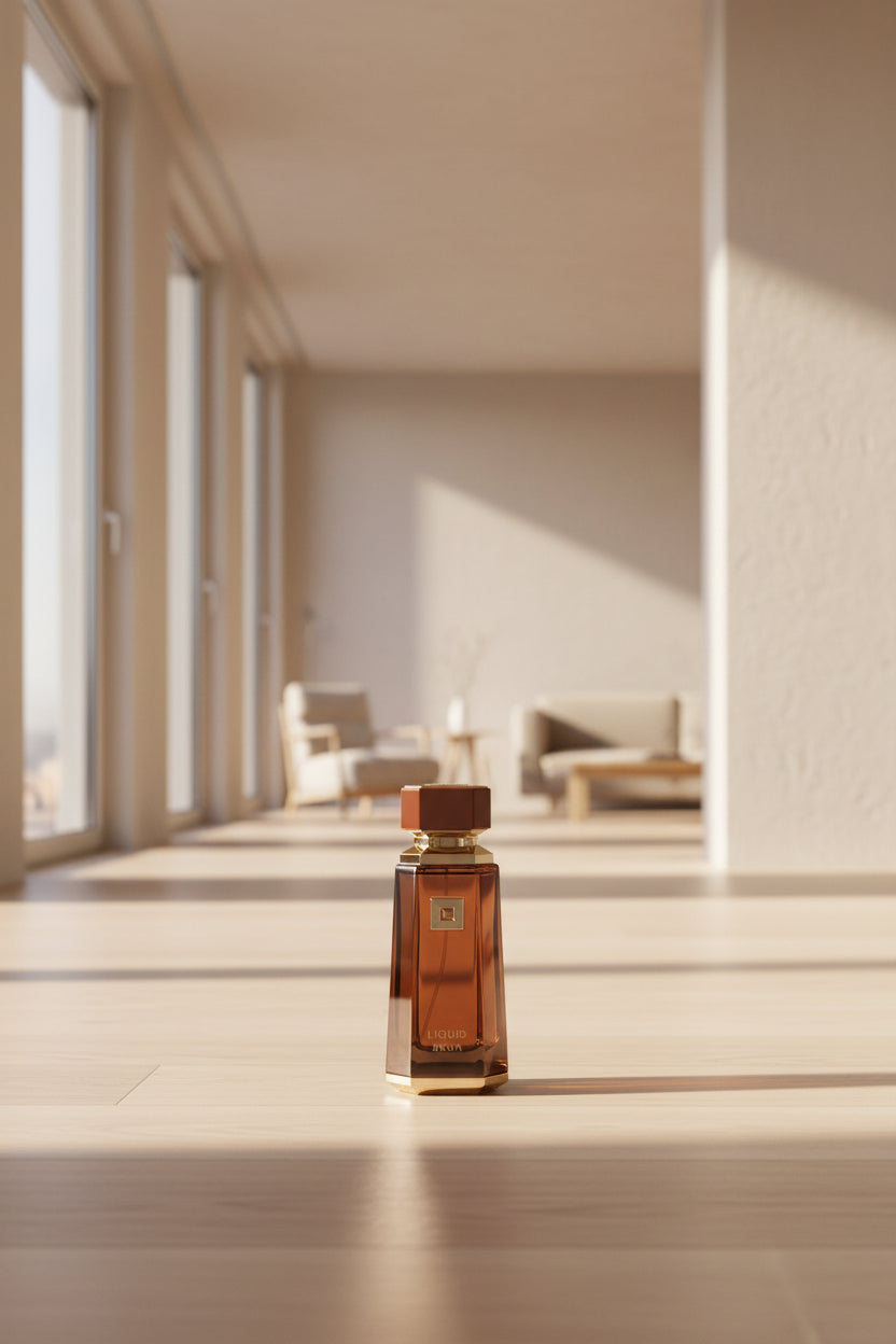 Flacon luxueux brun et doré du parfum Liquid Brun par French Avenue, parfum oriental épicé pour homme.