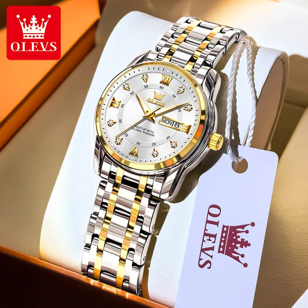 OLEVS 5513 Mens Watch Original Fashion Brand Quartz Waterproof Luminous Watch For Man Stainless Steel Dual Calendar Watch Box