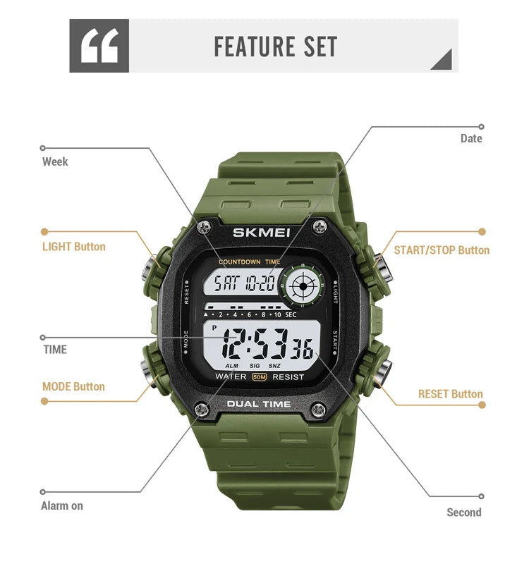 SKMEI Top Brand Back Light Dightal Countdown Sport Watches Mens Fashion 5Bar Waterproof Stopwatch Wristwatch Alarm montre homme