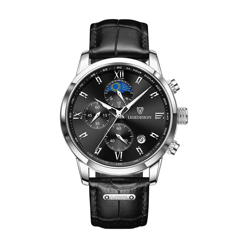 Montre de Luxe LIGE -Chronographe de Précision avec Bracelet en Cuir