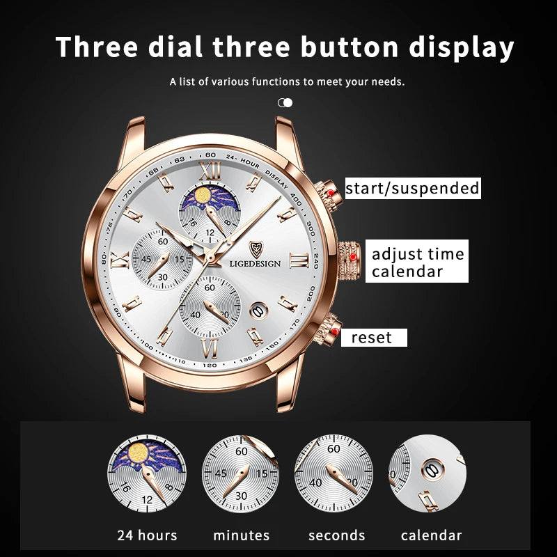 Montre de Luxe LIGE -Chronographe de Précision avec Bracelet en Cuir