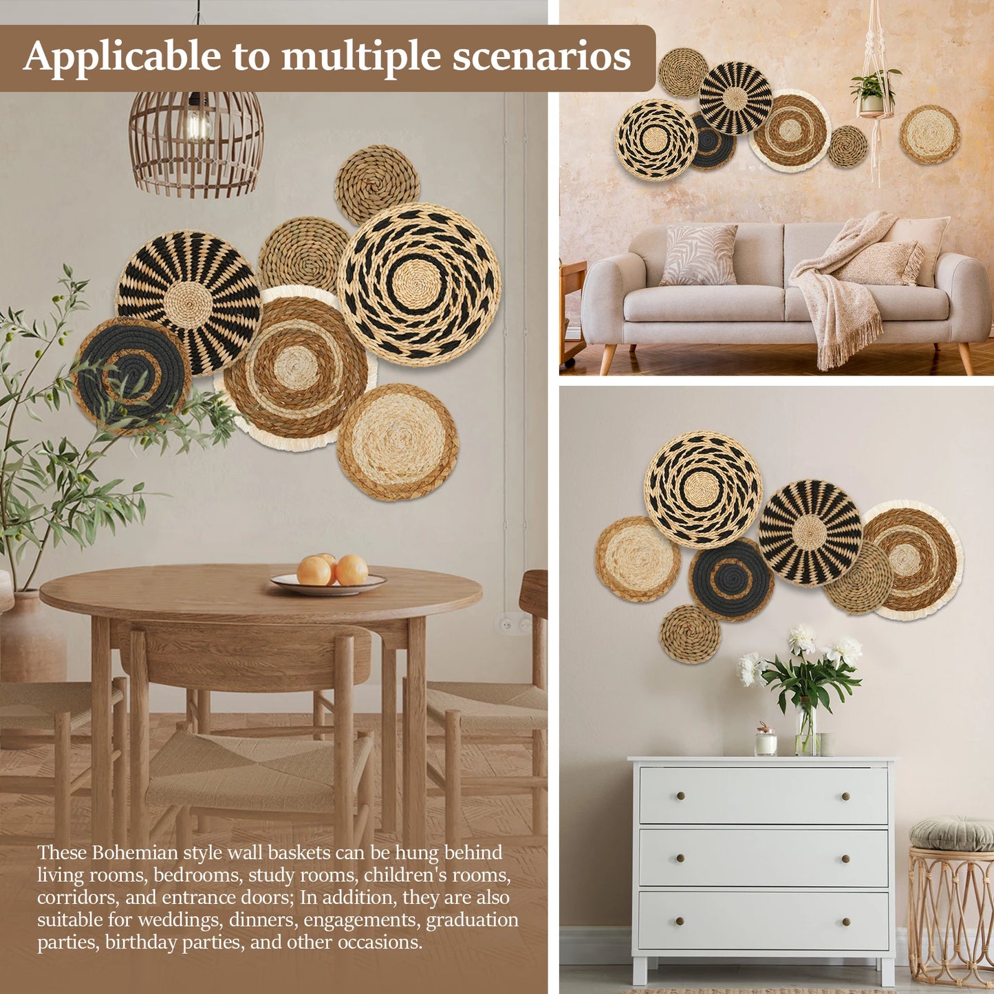 Set de 9/7 Paniers Muraux en Osier et Jonc de Mer pour Décoration Bohème Adulte Fait Main