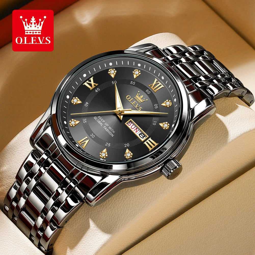 OLEVS 5513 Mens Watch Original Fashion Brand Quartz Waterproof Luminous Watch For Man Stainless Steel Dual Calendar Watch Box