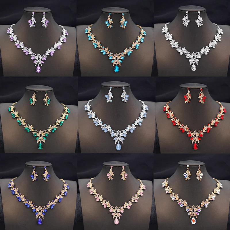 Fashion Necklace Sets for Women Waterdrop Collar Choker Necklace Earring Jewelry Set for Prom Birthday Bridal Wedding-14 Color