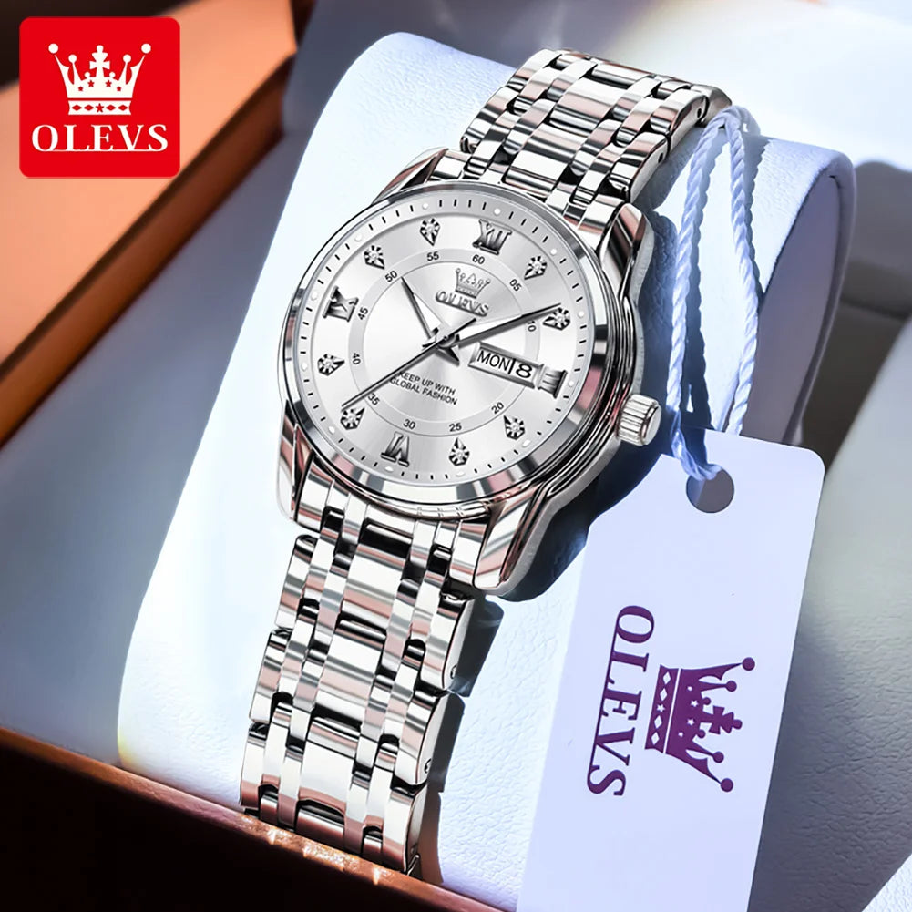 OLEVS 5513 Mens Watch Original Fashion Brand Quartz Waterproof Luminous Watch For Man Stainless Steel Dual Calendar Watch Box