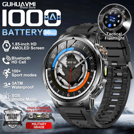 2026 New Military Outdoor Smart Watch 1.85‘’ AMOLED 1000mAh Large Battery 5ATM Waterproof Voice Call Sports Men Fitness Bracel.