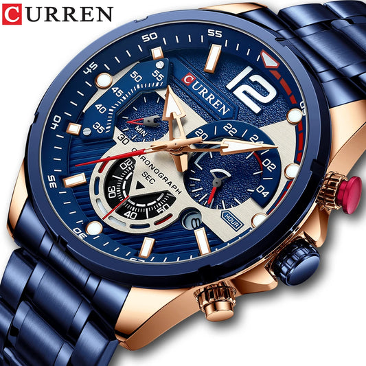''CURREN'' Homme Montre Chronographe en Acier Inoxydable 316 Adulte avec Affichage Lumineux
