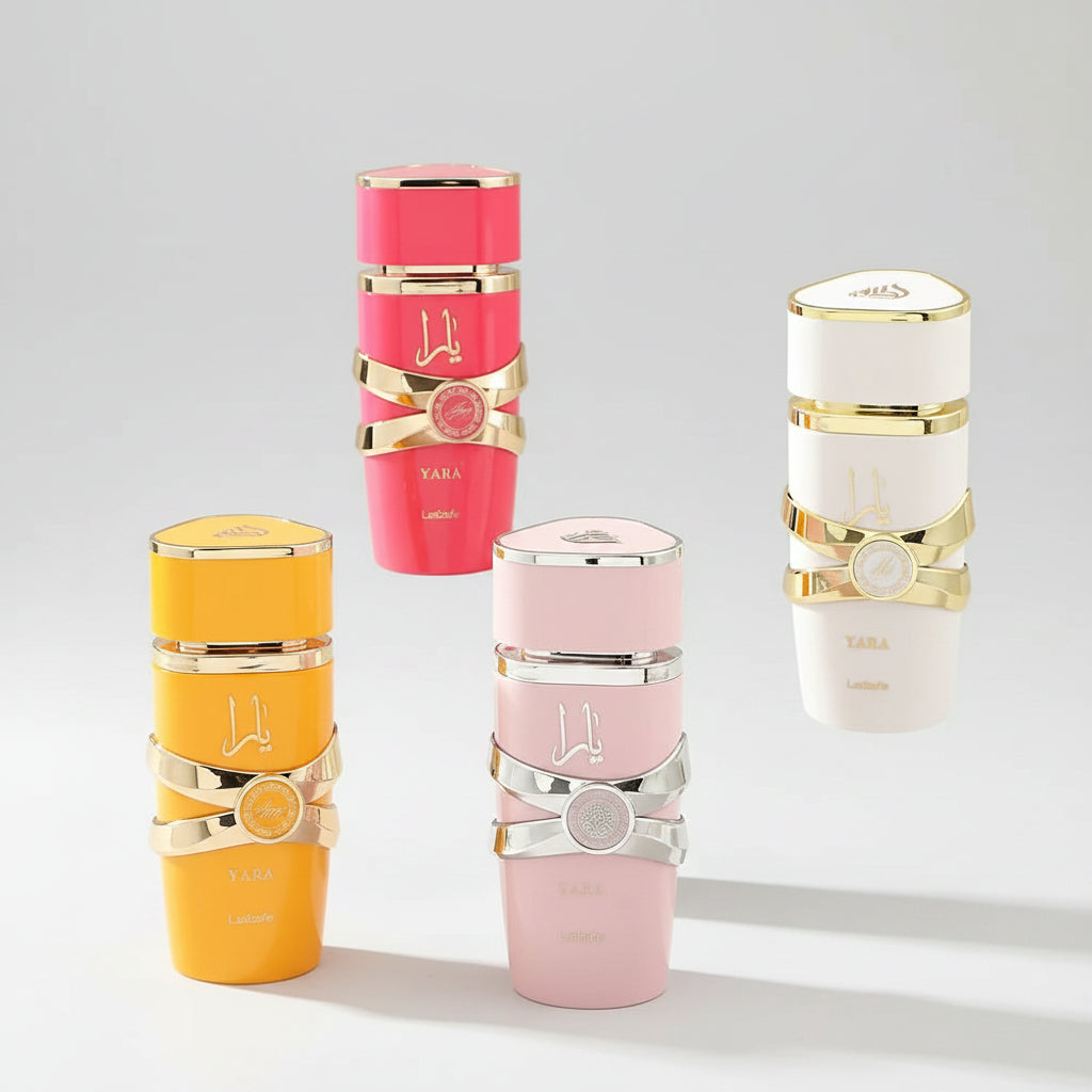 Flacon de parfum Yara 100ml disponible en rose, blanc et or, une fragrance orientale luxueuse pour homme et femme.