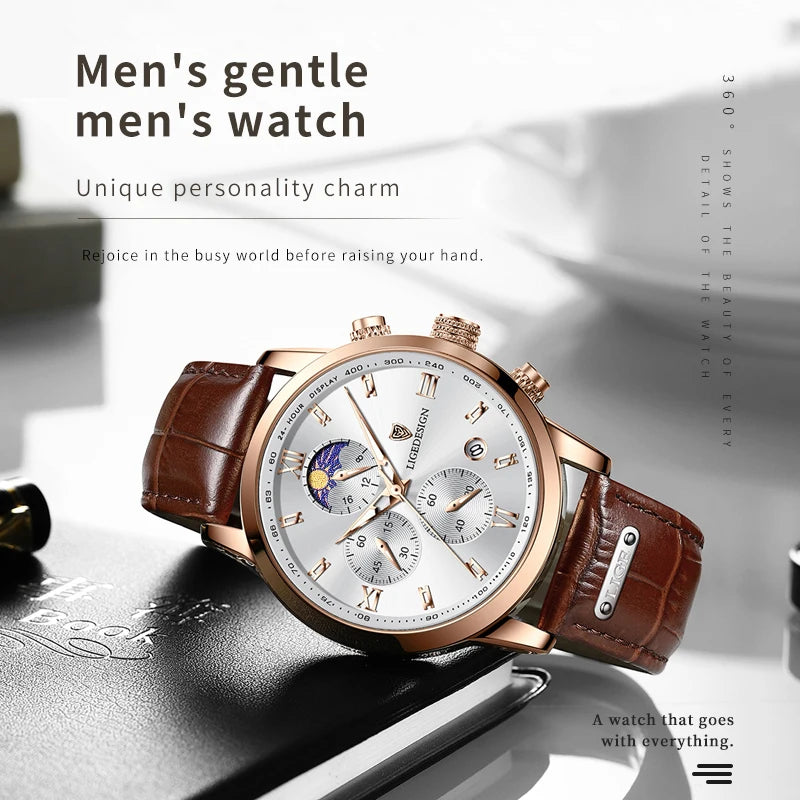Montre de Luxe LIGE -Chronographe de Précision avec Bracelet en Cuir