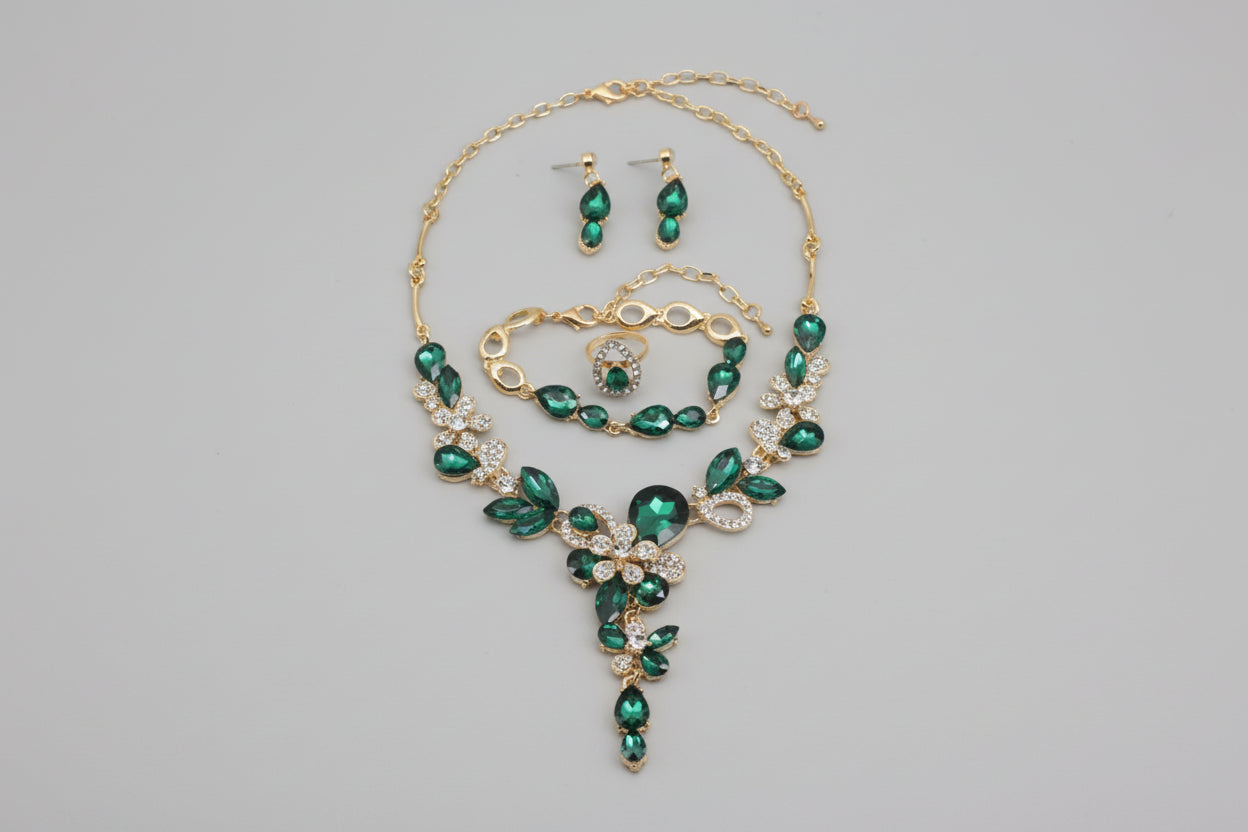 Parure "Émeraude Royale" – Ensemble 4 Pièces (Collier, Bracelet, Boucles d'oreilles &amp; Bague)