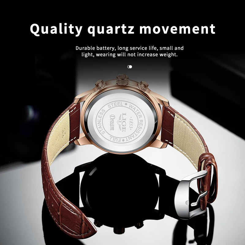 Montre de Luxe LIGE -Chronographe de Précision avec Bracelet en Cuir